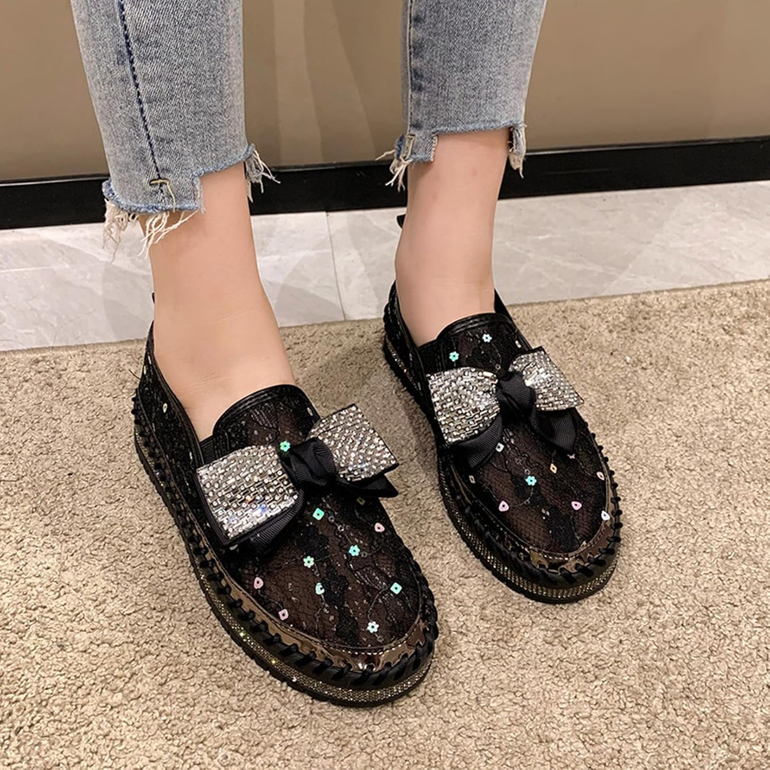 [MANNEW] 厚底スリッポン スニーカー かかとなし レディース ラインストーン キラキラ 美脚 おしゃれ ミュール サボサンダ