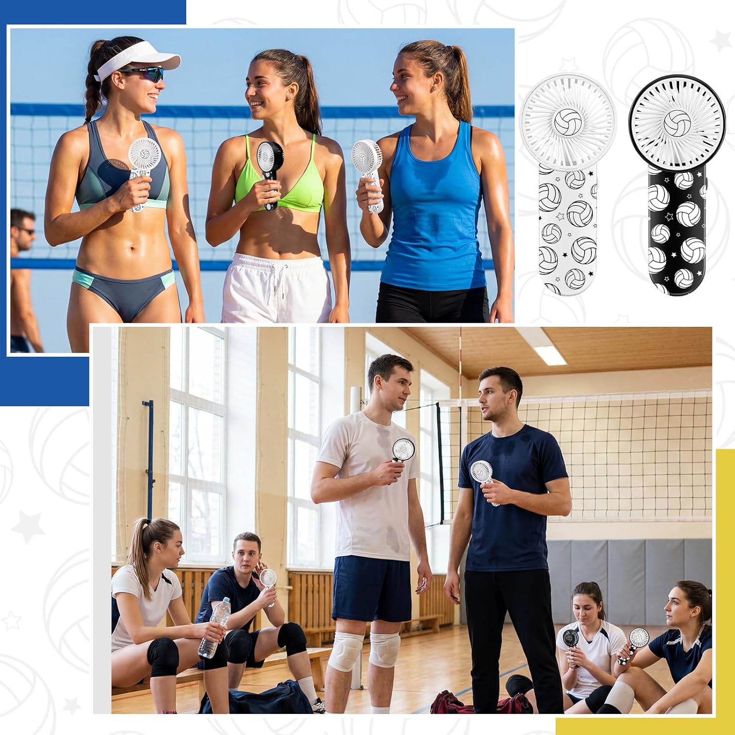 12 Pcs Volleyball Team Gifts Mini Volleyball Handheld Fan Bulk Small Portable Battery Operated Pocket Fan with Lanyard for Players and Lovers Coach Party Favor Goodie Bag (Stylish,Black,White)
