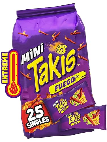 Takis Fuego Mini 25 pc / 1.23 oz Bite Size Multipack, Hot Chili Pepper & Lime Flavored Extreme Spicy Rolled Tortilla Chips - Fuego - 25 Count (Pack of 1)