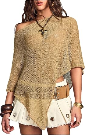 GORGLITTER Womens Poncho Top Shawl Sheer Boho Asymmetrical Lightweight Knit Dolman Sleeve Crochet Bat Wing Cape Tops