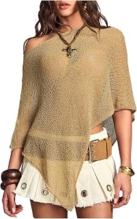 GORGLITTER Women's Poncho Top Shawl Sheer Boho Asymmetrical Lightweight Knit Dolman Sleeve Crochet Bat Wing Cape Tops