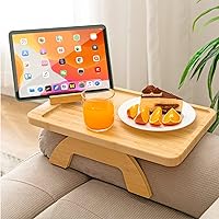 Vista 1 de SINWANT Bandeja de brazo de sofá, clip de sofá de bambú en la mesa auxiliar, mesa plegable con soporte para teléfono de 360°, bandejas de alimentos