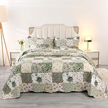 Qucover Quilted Bedspread King Size Bed Cover, Green Patchwork Quilt Sets | 3-Piece Bedding Set King Size with 2 Pillowcases, 240x260cm Reversible Patchwork Bedspreads, King Bed Coverlet Set All Season