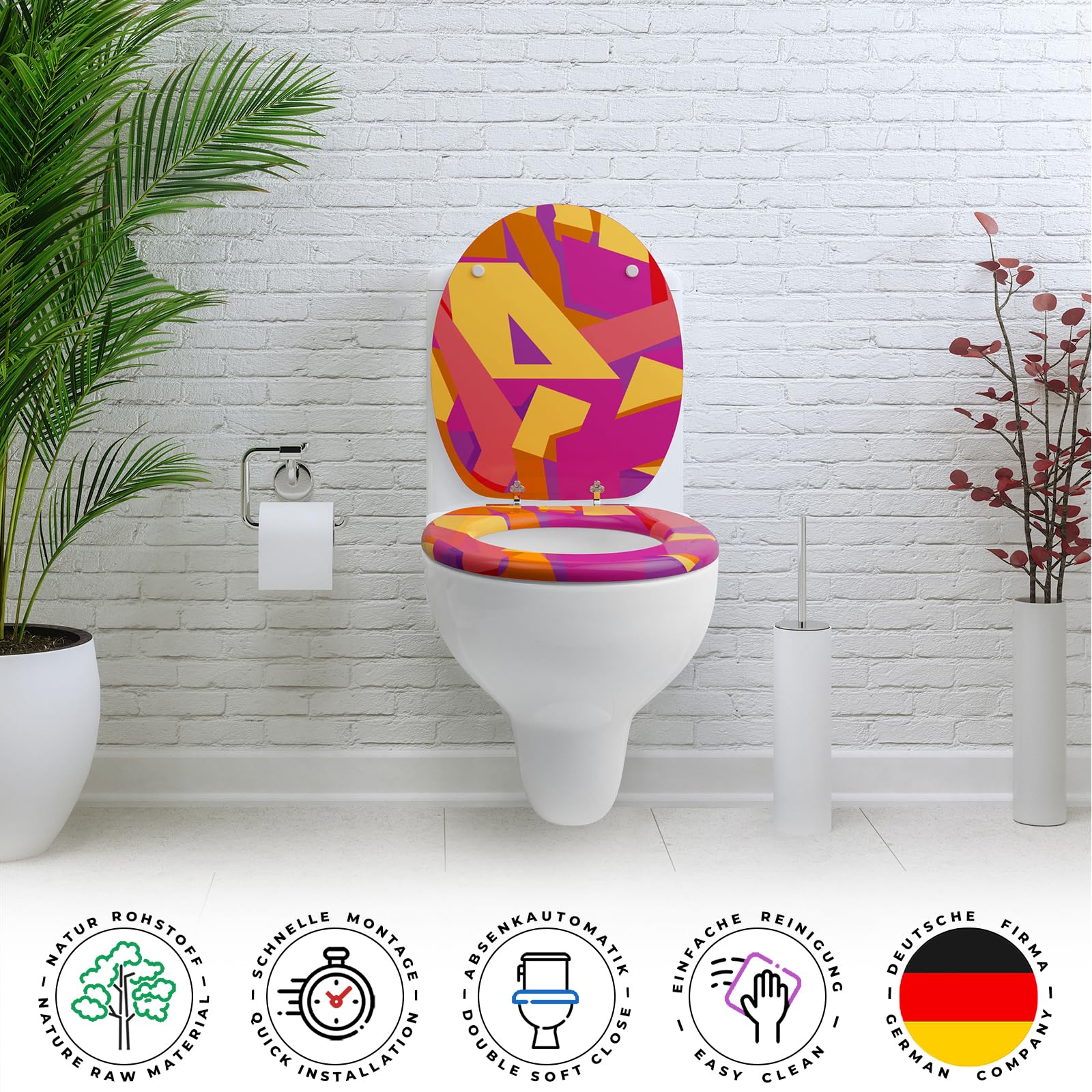 Sanfino® Wc-bril met houten kern en softclose-mechanisme - hoogwaardige kwaliteit en vele kleurrijke motieven, comfortabele zitting, eenvoudige montage inclusief handleiding - Old School