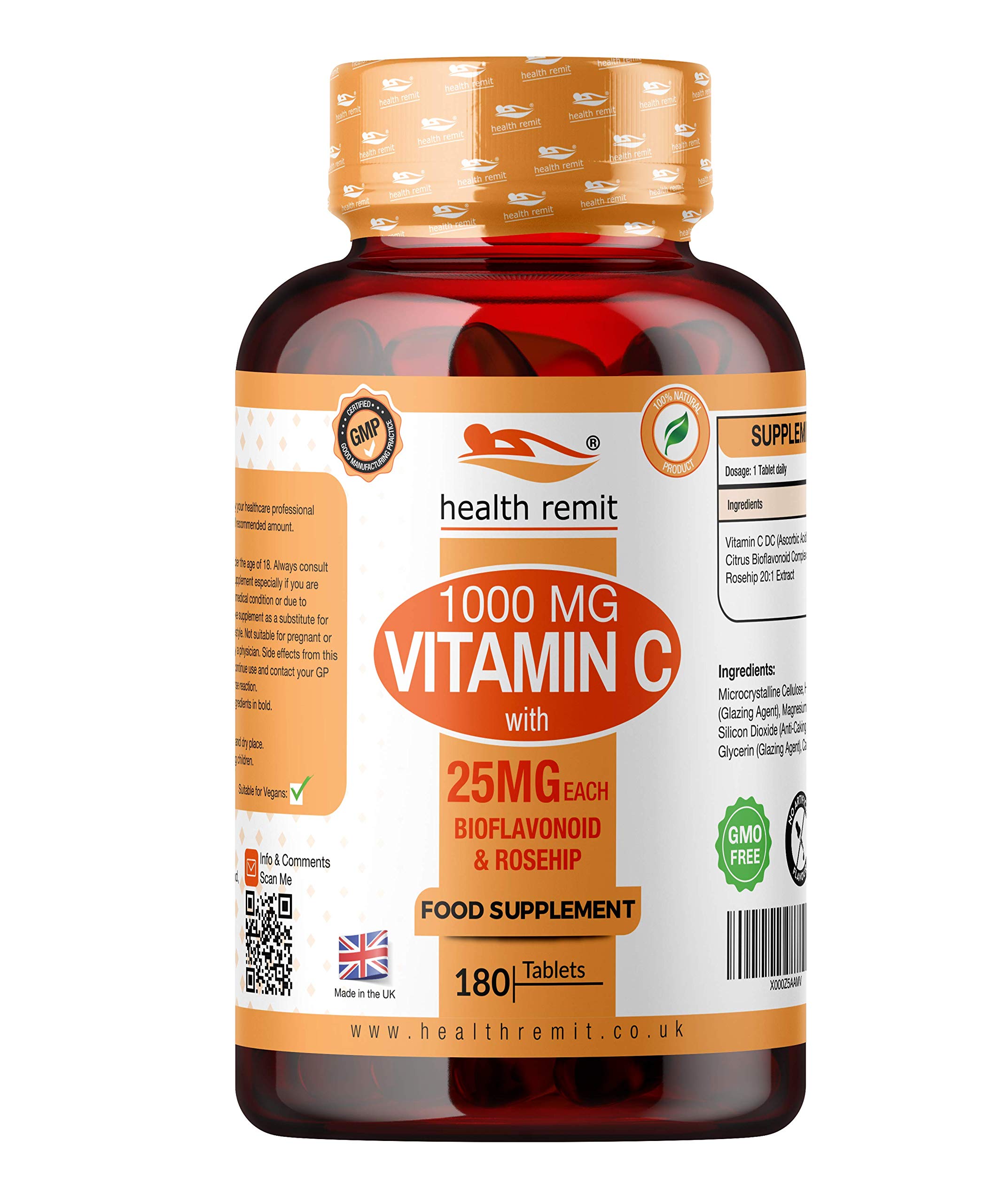 Vitamin C 1000mg - High Strength Immune Support with Bioflavonoid and Rosehip – 180 Premium Tablets - Suitable for Vegans and Vegetarians- Non-GMO All-Natural – Made in UK by Health Remit
