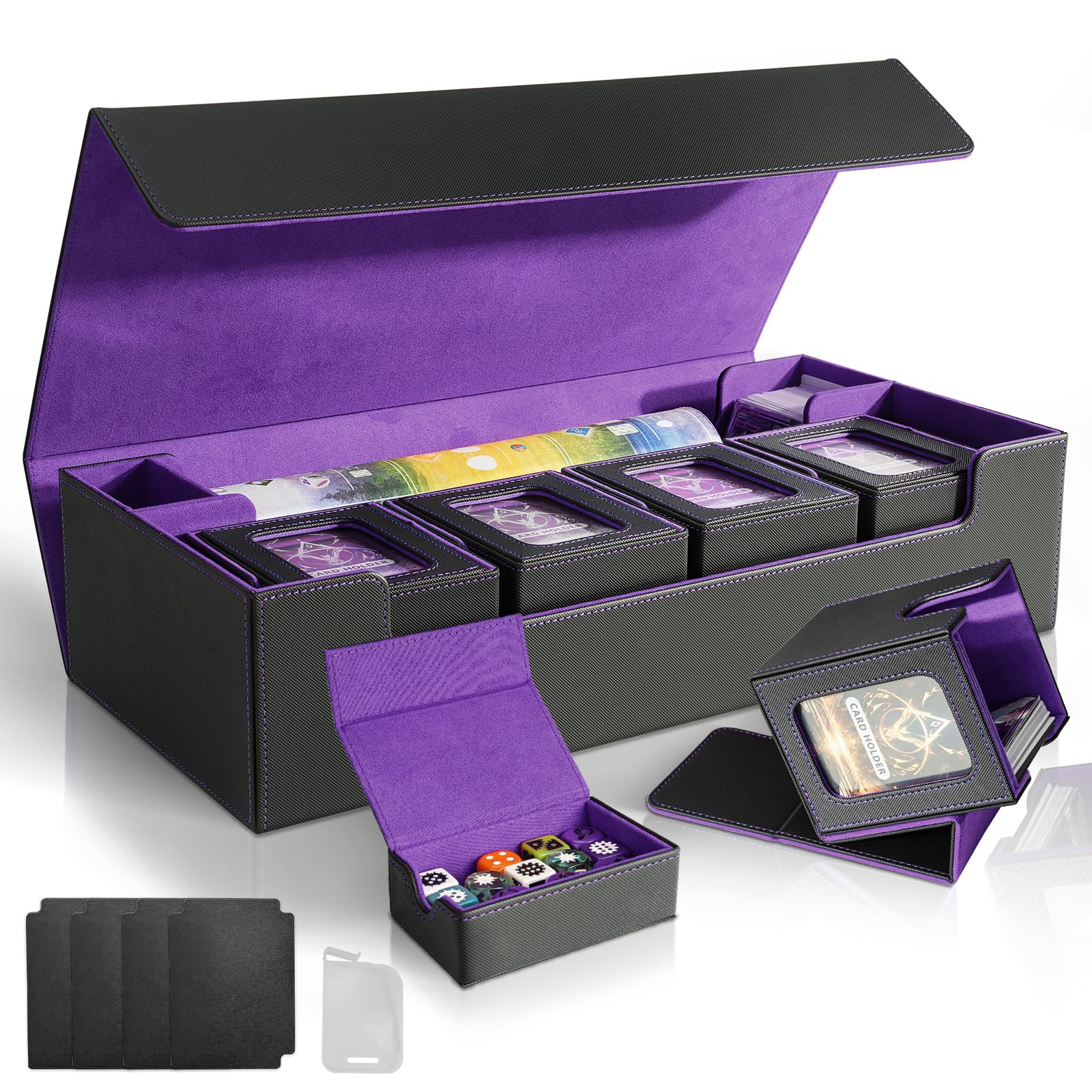 Heypappy Boîte De Rangement Pour 2400+ Cartes – Similicuir PU, 3 étuis PP, Poignée, 24 Intercalaires Et 6 Séparateurs – Compatible MTG, Sports – Noir Et Bleu