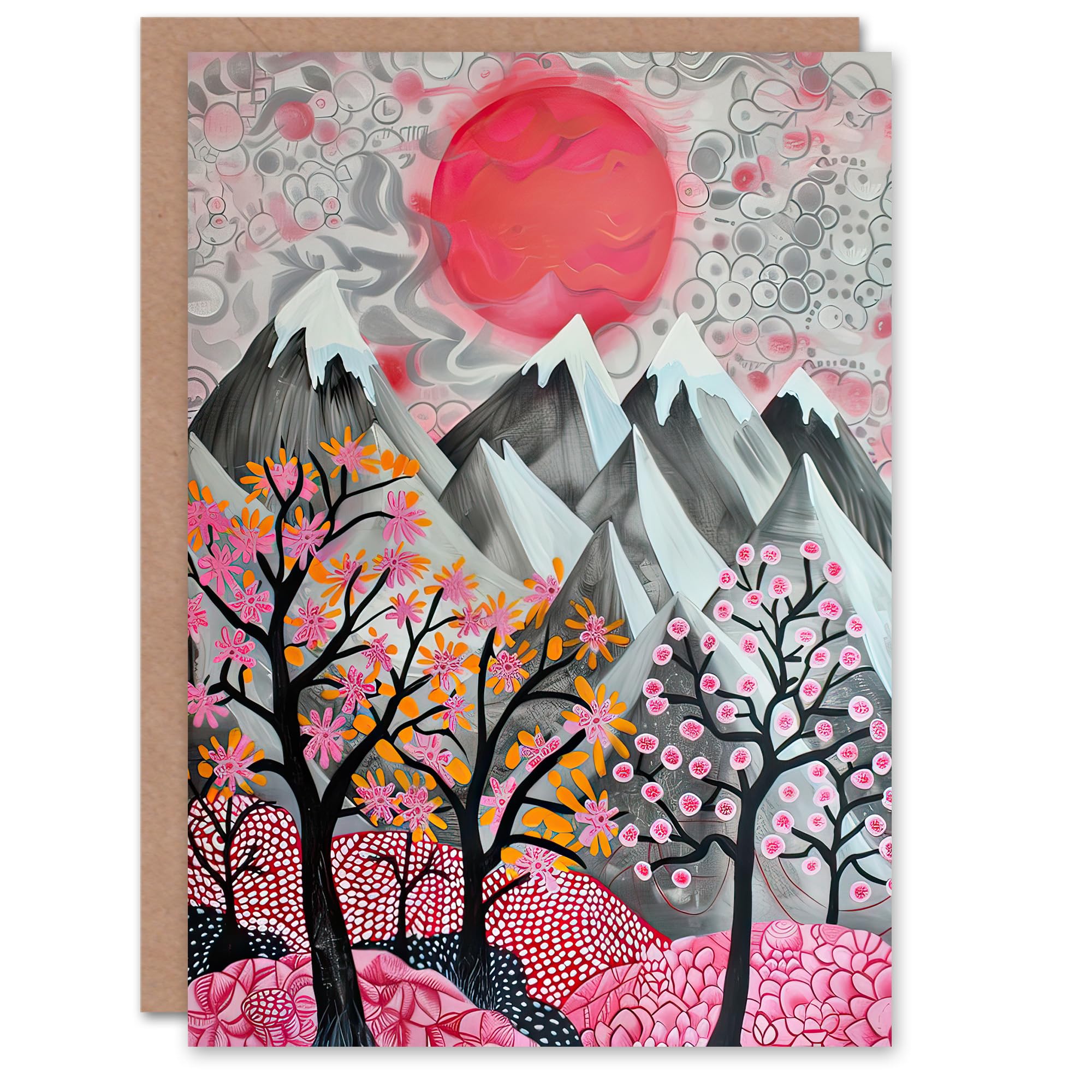 Artery8 Greeting Card Mountain Snow Peaks Pink Blossom Tree Japanese Blank For Him Or Her Art Birthday Card