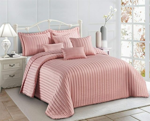 3 Pieces Embossed Soft Quilted Bedspread Comforter Set Pom Pom Bordered Design Bed Throw With Pillow Sham (Blush Pink, Superking)