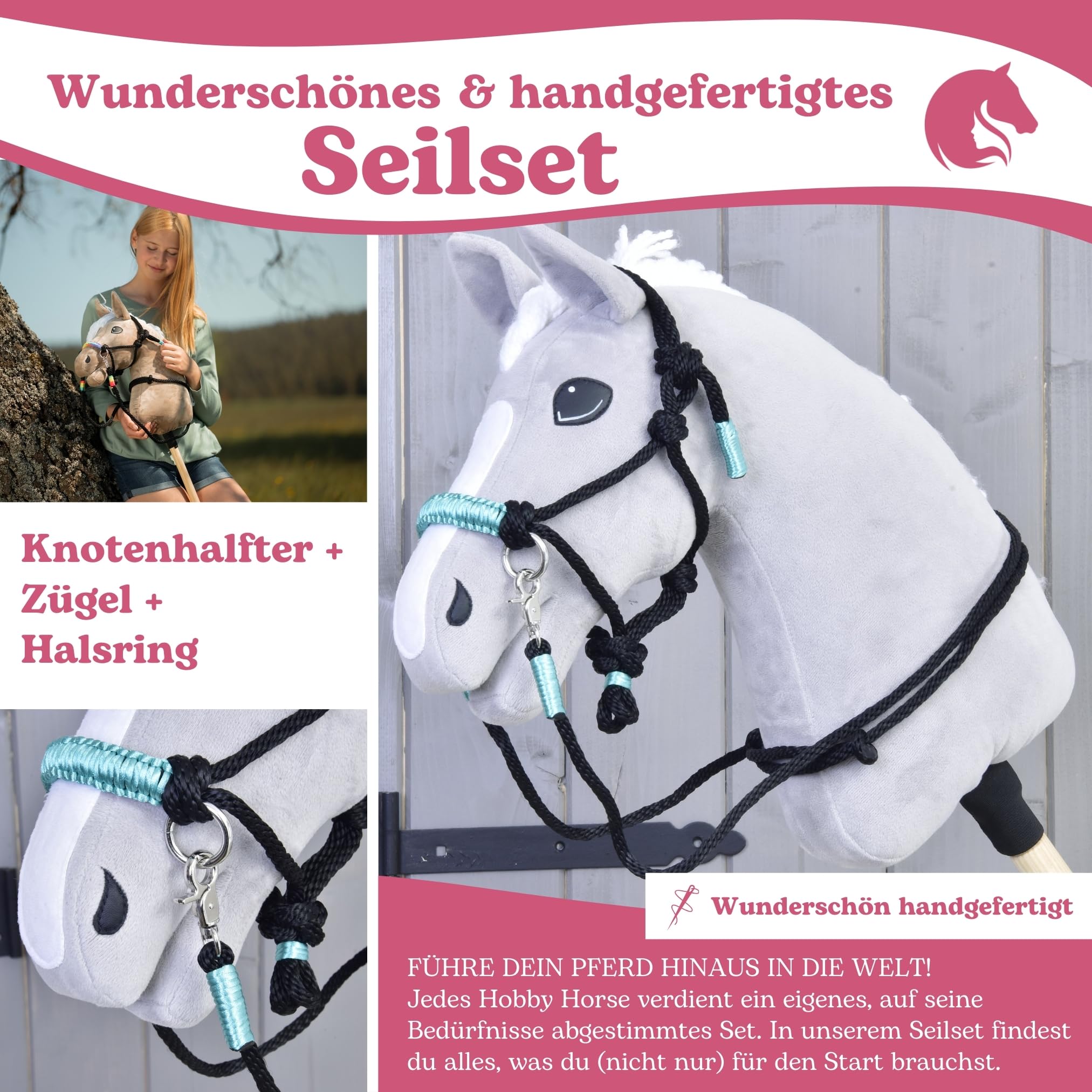 LarDen Hobby Horse Zubehör SeilSet - Halfter mit Zügel & Halsring für Größe M Steckenpferd | Stockpferd Set | Hobby Horsing Pferd | Spielzeug Kinder | Spielpferd (Turquoise, Medium) - 3