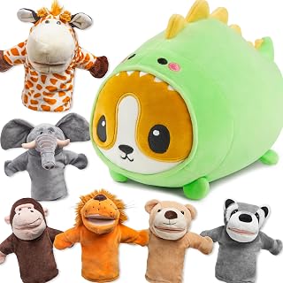 JOYIN 6Pcs Kids Hand Puppet Set with Working Mouth Bundle with Stuffed Animal, Kawaii Dinosaur Plush Toy