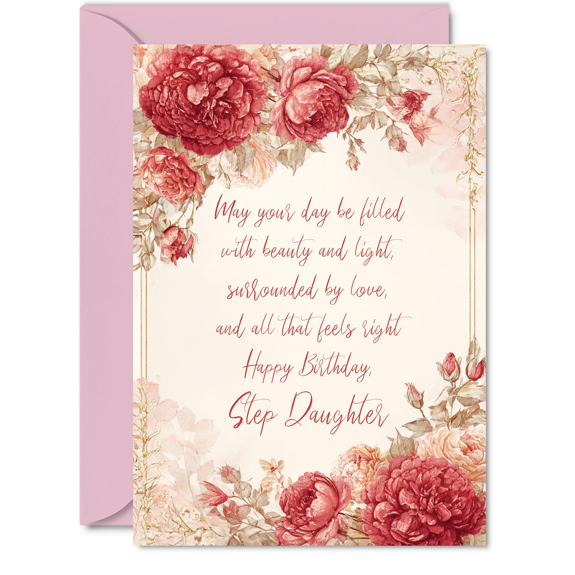 Step Daughter Birthday Card - Vintage Peonies - Happy Birthday Card for Step Daughter from Dad Mum, A5 Classic and Timeless Bday Greeting Cards