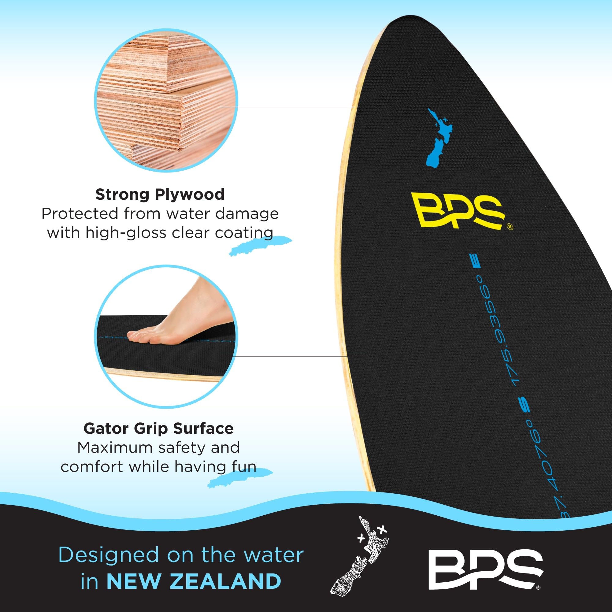 BPS New Zealand 'Shaka' Skimboard mit farbigem Eva-Griffpolster und hochglänzendem Klarlack, Skimboard aus Holz mit Griffpolster für Kinder und Erwachsene, wählen Sie aus 3 Größen und Farbe des