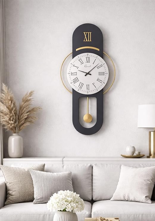 Hareketli sarkaç, Cam Yüzeyli, Metal halkalı, Dekoratif Duvar Saati - ROMA 70CM (ANTRASİT GOLD)