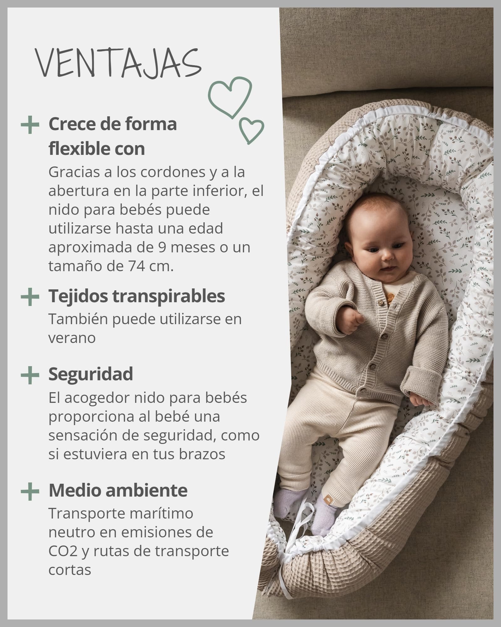 Nido para bebé de ULLENBOOM ® Arena floral (nido de 55 x 95 cm de algodón; apto como cuna de viaje y para el colecho; dibujo: estrellas)
