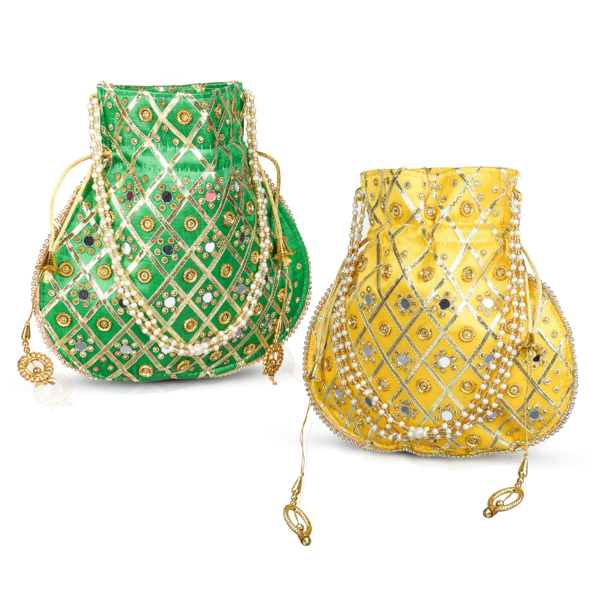 Potli | Wedding Potli | Drawstring Potli with Handle | Wallet Potli | Christmas Gift Potli | Baby Shower Potli | Mirror Check-Shagun Potli | Pack of 2 | Multi-image-28