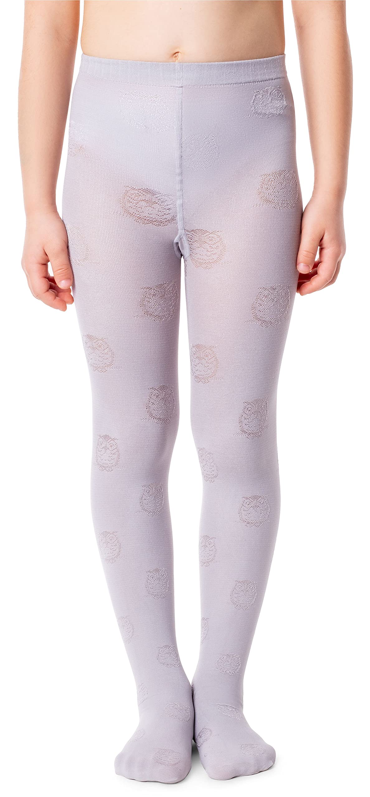 NOQ Girls Tights with 3D Effect Pattern Plain Dance Gymnastic School Pantyhose Fancy Outfit Little Princess, Gufo Silver 4-5 years (104-110 cm)