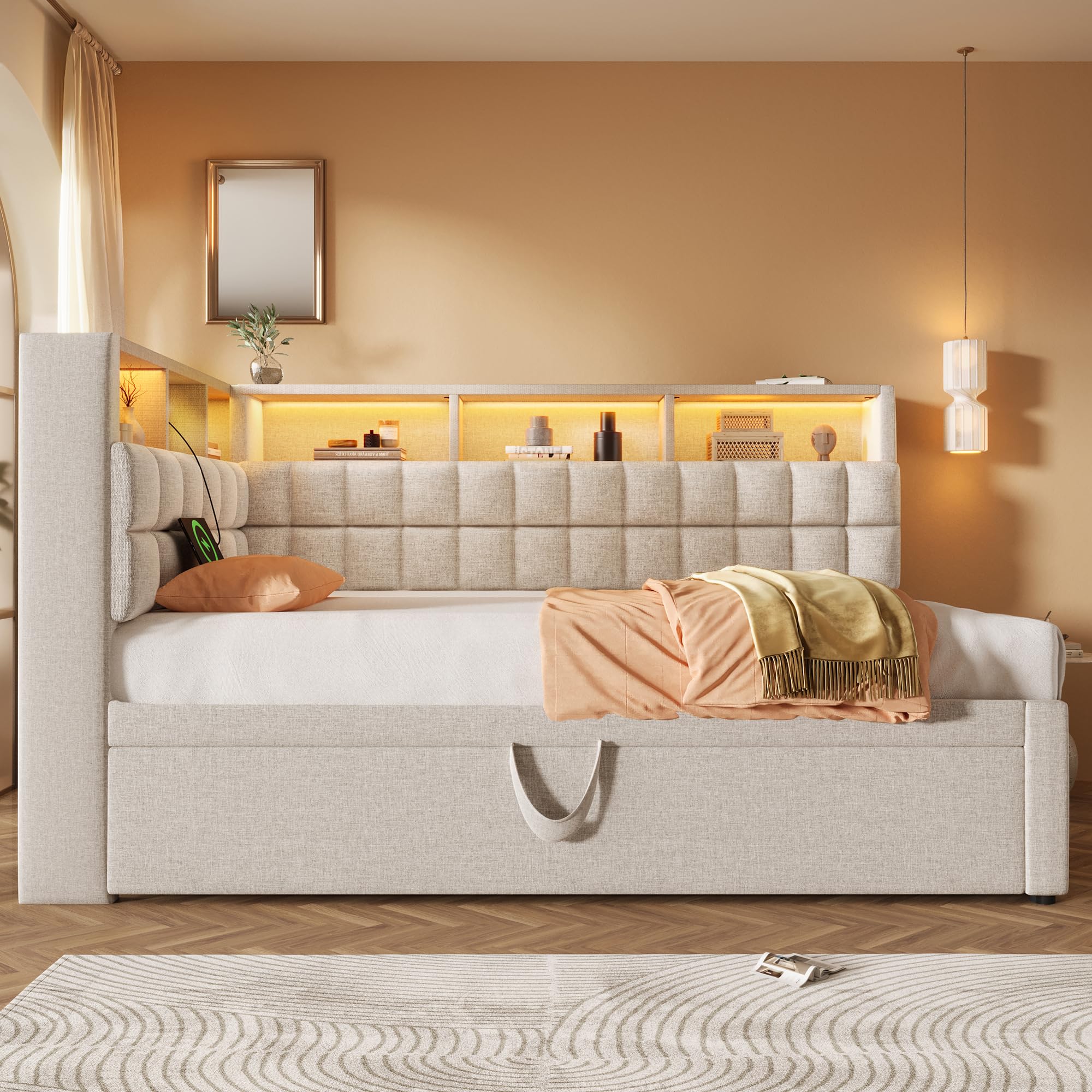 Letto imbottito, 90 x 200 cm, divano letto con LED, porta di ricarica USB e tipo C, altoparlante Bluetooth, testiera a L, con ripiano portaoggetti, in lino, senza materasso (beige, 90 x 200 cm)