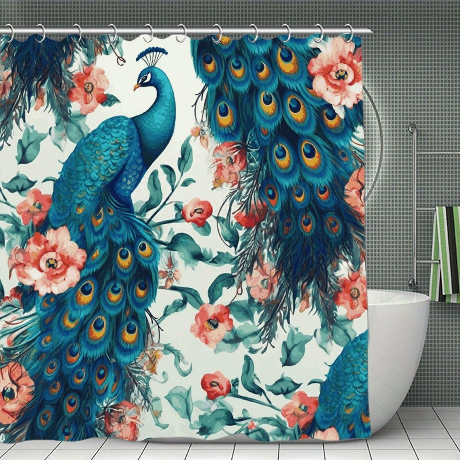 FekiLoot Beautiful Peacock Flowers Shower Curtain with Hooks Modern Farmhouse Bathroom Curtain Waterproof Cloth Bath Curtains Cute Washable Blackout Privacy Curtains for Bathroom Bathtub 70.8"x70.8"