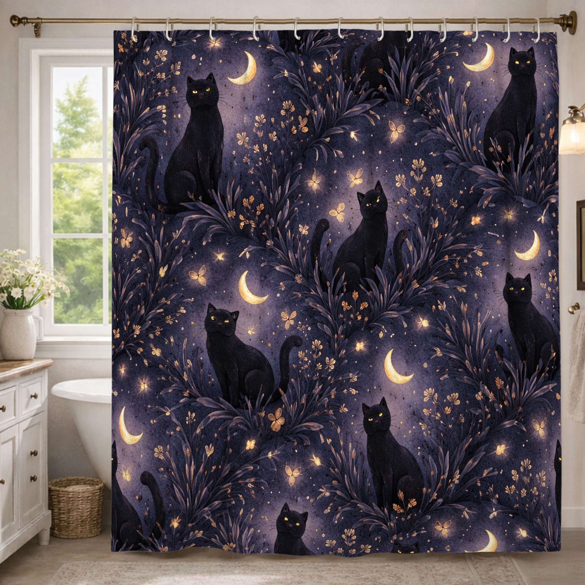 Rideau de douche extra long motif chat lune papillon Halloween