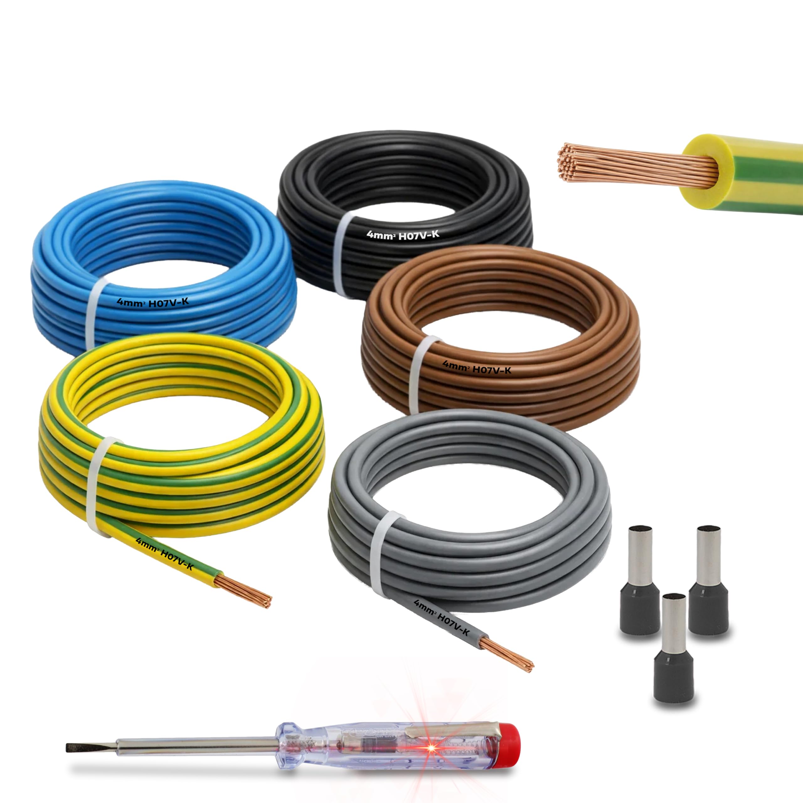 Zestaw okablowania 4 mm² H07V-K przewód żyłowy elastyczny zestaw 5 x 10 m wraz z 100 tulejkami kablowymi przewód okablowania idealny do licznika, przewodów uziemiających i mostów okablowania