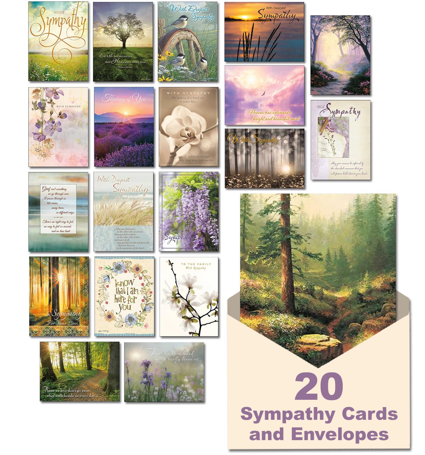 Leanin' Tree With Sincere Sympathy - Made in USA - 20 Bulk Sympathy Cards with Envelopes - Sympathy Cards For Loss Of Loved One - Elegant Bereavement