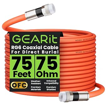 GEARit Coaxial Cable for Direct Burial (75ft) RG6 70 Ohm RF Waterproof Underground in-Wall with Rubber Boot, High-Speed Internet, Broadband, Digital TV Aerial, Satellite 75 Feet