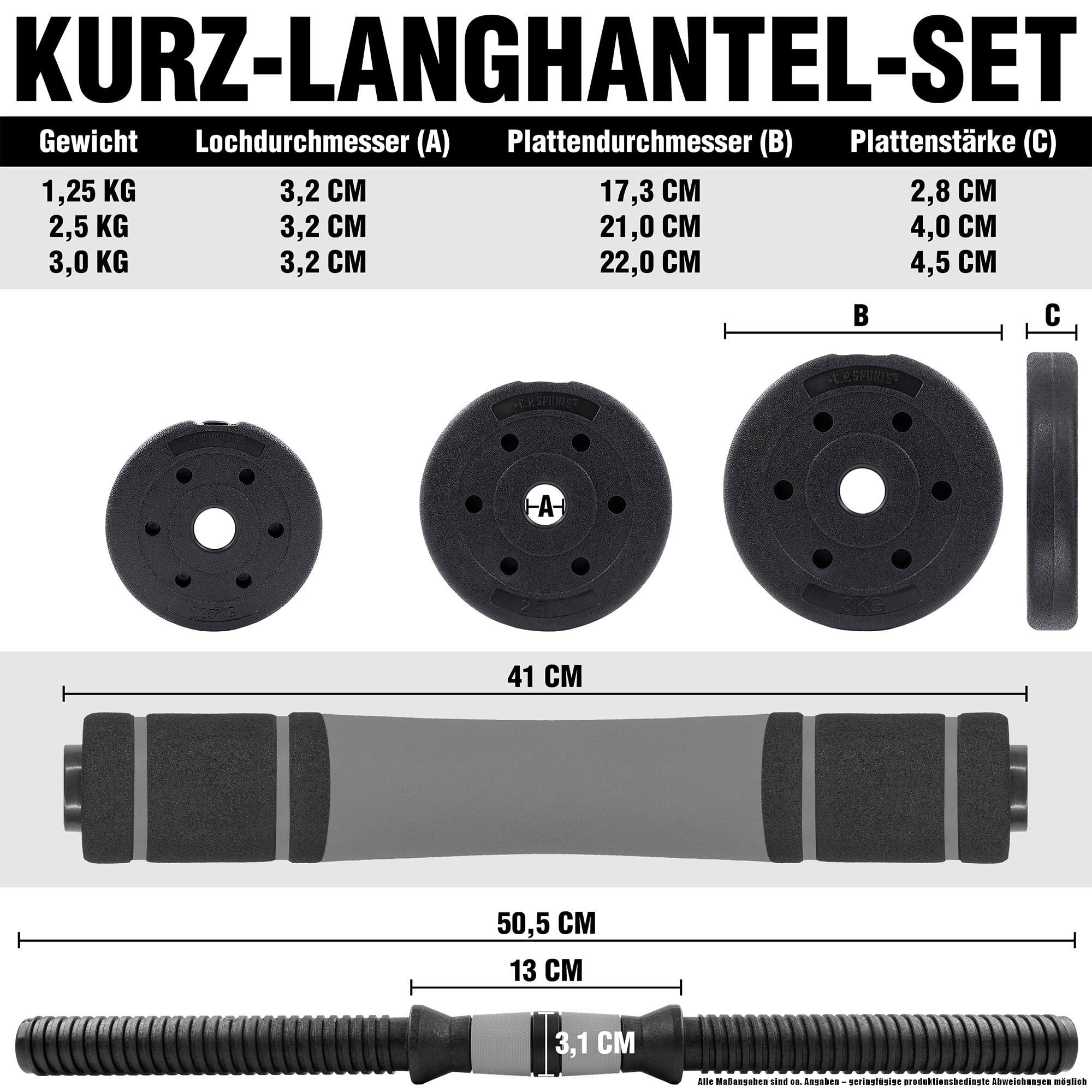 C.P.Sports 2in1 Zestaw hantli i sztang 30kg | 4x 1,25kg - 4x 1,5kg - 4x 2,0kg - 4x 2,5kg - 2x uchwyty | plastikowe talerze do ćwiczeń siłowych, fitness, domowej siłowni | 4 kolory