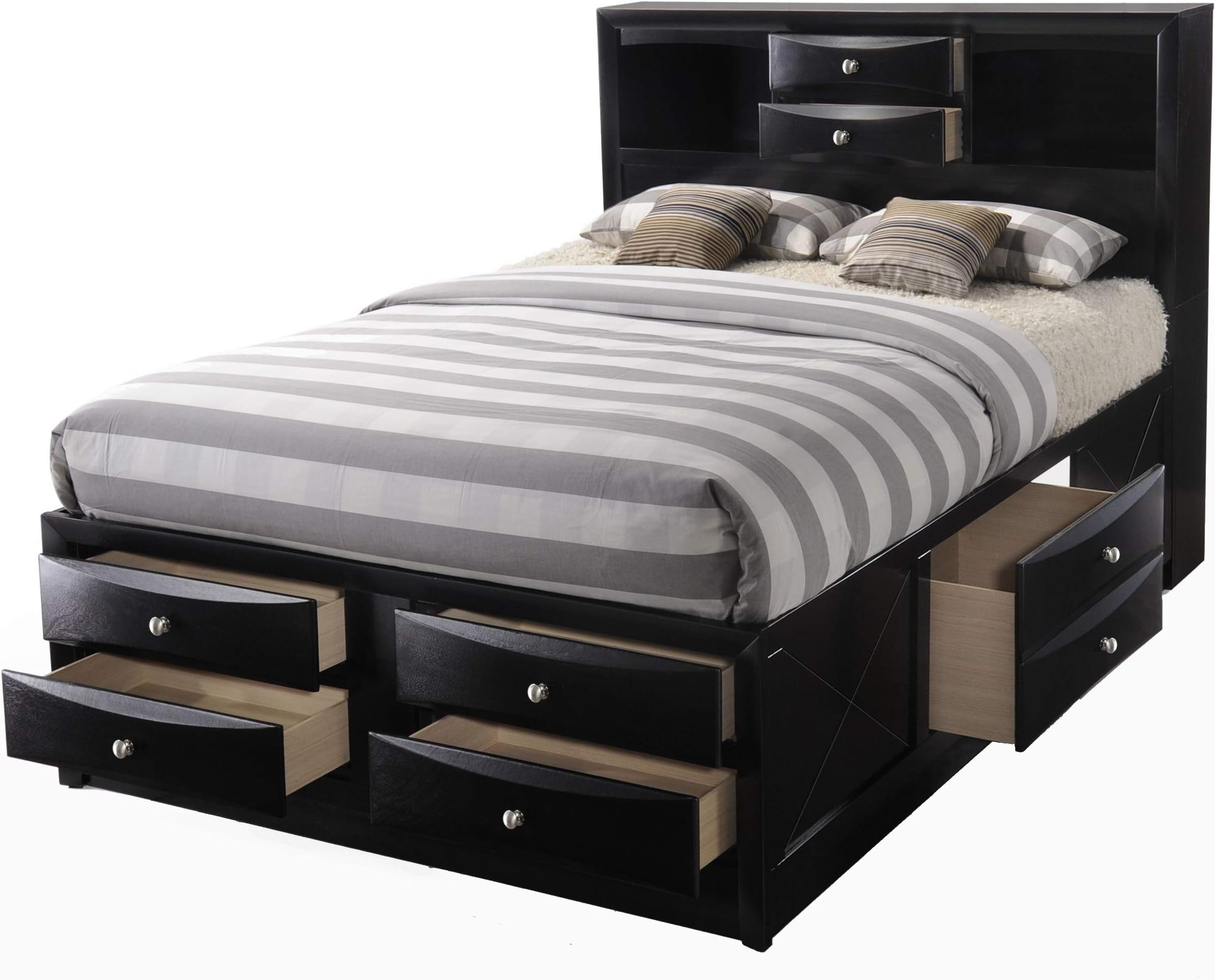 Full Bed with Storage, HABITRIO Solid Wood Full Size Bed Frame with Headboard (2 Bookcase, 2 Drawers), Footboard (4 Drawers), Rail with 2 Drawers, Wooden Slat, No Box Spring Needed, Black