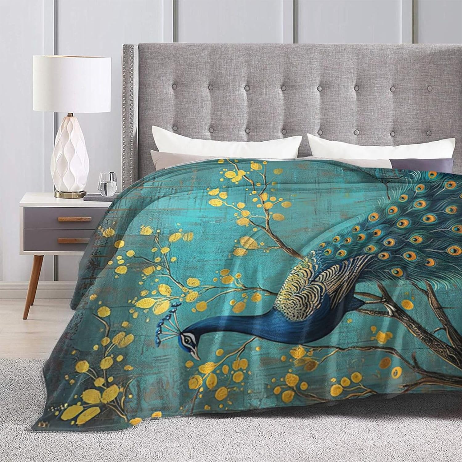 Peacock Blanket for Girl Woman Teal Peacock Throw Blanket Peacock Stuff Decor Merch Cozy Flannel Soft Warm Plush Lightweight Bedding Peacock Gifts for Boys Man Sofa Bedding Couch 80"X60"