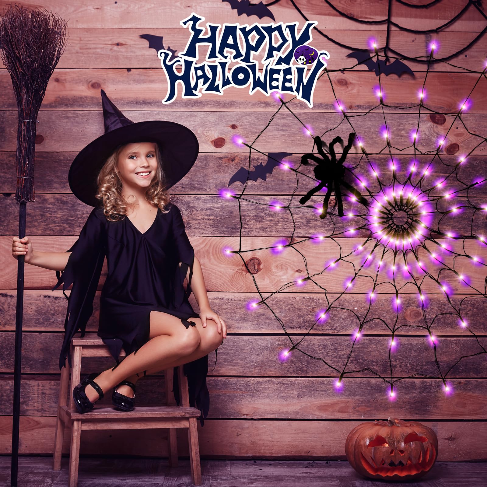 Toile D'Araignée Lumineuse Halloween Dalugo - 6x5m - 150 LED - 8 Modes + Minuterie - Alimentation Piles/USB - Décoration Extérieure Jardin Fête