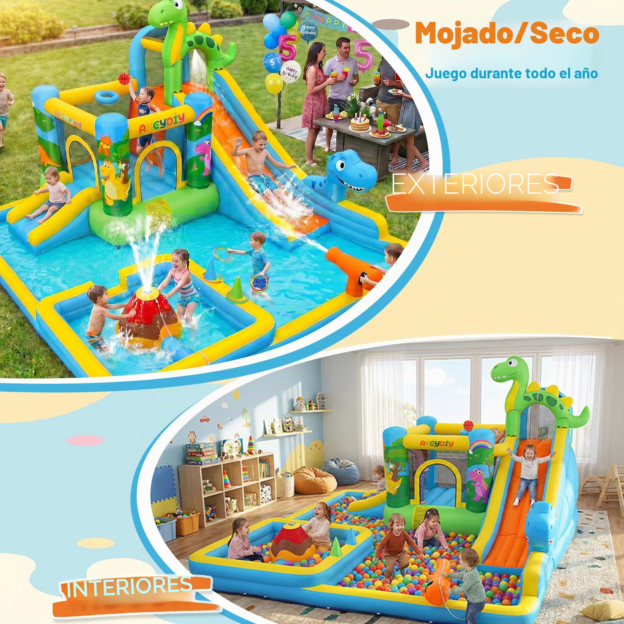 Tobogán acuático Inflable Castillo Hinchable con soplador para niños de 3 años + años, tobogán seco/acuático, Dinosaurios con 2 toboganes, Piscina Infantil y Piscina, Canasta de Baloncesto, cañón de