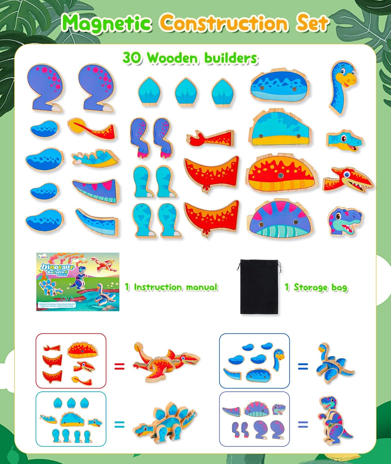 Dinosaur Building Blocks Set, Wooden Dino Blocks, Magnetic Dinosaur Builders, STEM Take Apart Dinosaurs Playset, Montessori Fine Motor Skills Educational Learning Toy Gift for 3 4 5 Years Kids