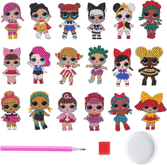 18Pcs 5D LOL Girls Diamond Painting Stickers Kits for Kids, Wopin-DIY Diamond Painting Stickers, Handmade Digital Diamond Arts Craft Mosaic Stickers, Painting by Numbers Kits for Children Beginners
