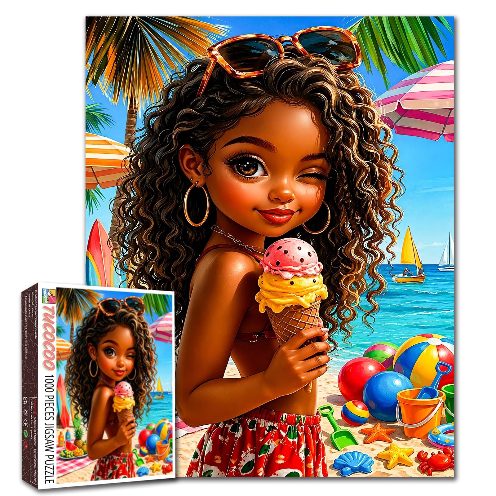 1000 Piece Puzzle for Adults African Girl Summer Beach Jigsaw Puzzle 19.7 x 27.6 Inches Colorful Ice Cream Coastal Artwork Colorful Fun Challenge Puzzles Family Games Gifts Home Decor Wall Art โ image 1