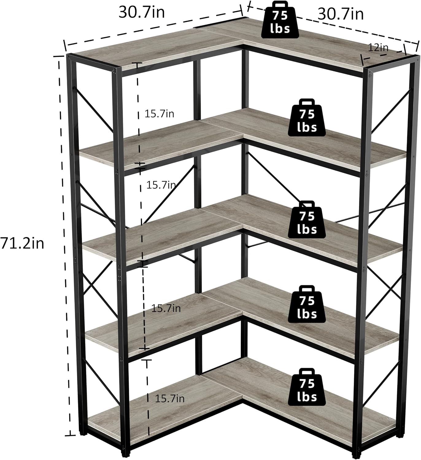 Shintenchi 5 Tier Corner Bookshelf,L Shaped Bookcase,Large Etagere Bookcase,Corner Shelf Display Storage Rack with Metal Frame for Living Room Bedroom Office,Grey