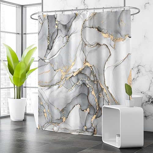 Miniatura 3 de Cortina de ducha de mármol gris, cortinas de ducha modernas de tela abstracta para baño, decoración artística de lujo, textura de tinta plateada,