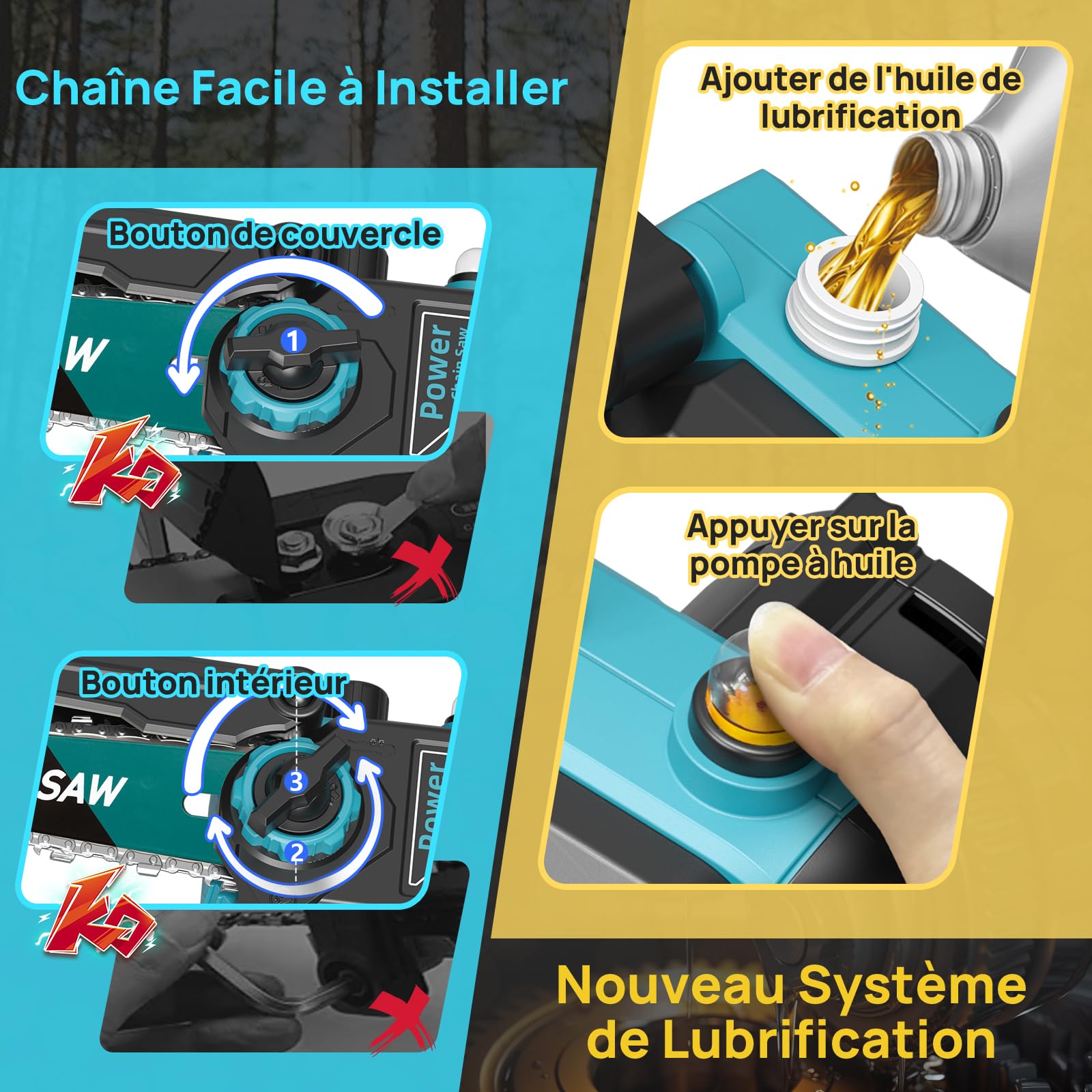 Mini Tronconneuse a Batterie 8000mAh 6 Pouces 1000W Sans Fil Brushless avec Graisseur Automatique Compatible Makita