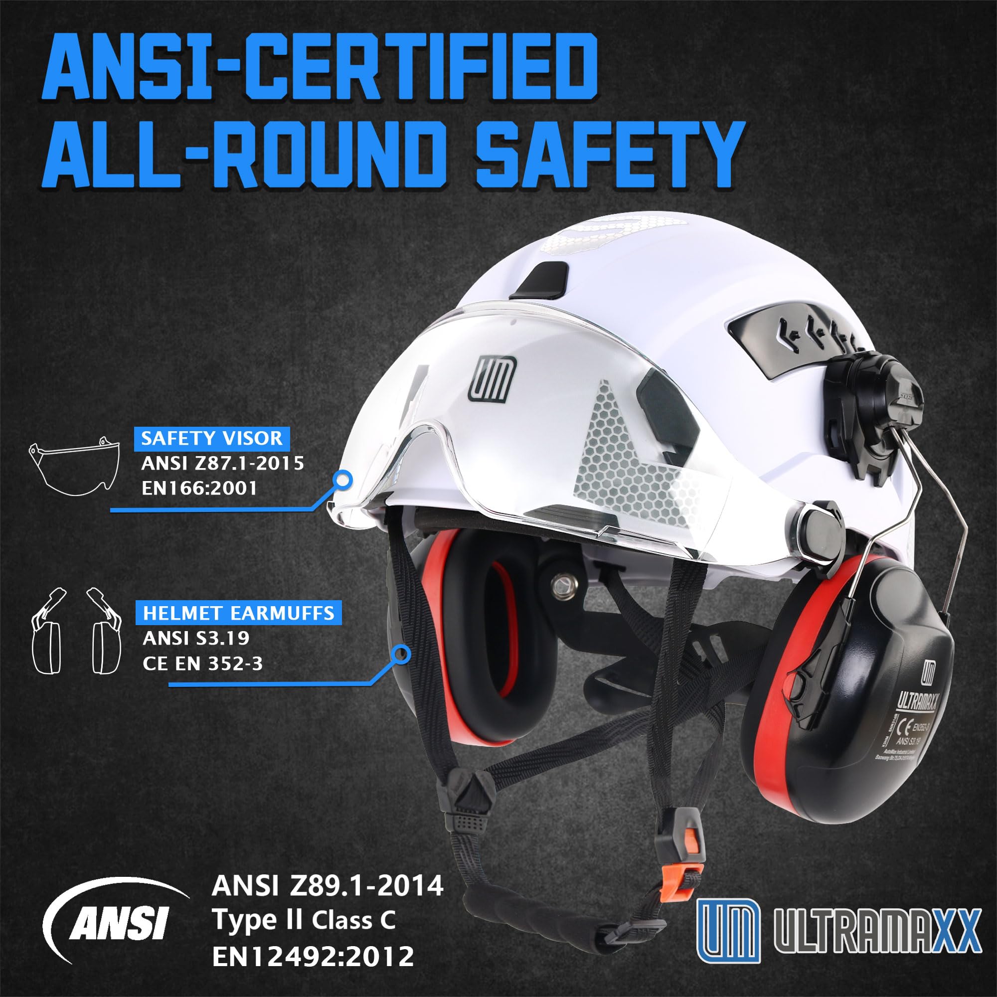 UM ULTRAMAXX Casco duro tipo II Clase C | Visera facial ajustable y orejeras desmontables | Certificado ANSI Z89.1, ajuste de trinquete de 6 puntos, ventilado con tiras reflectantes