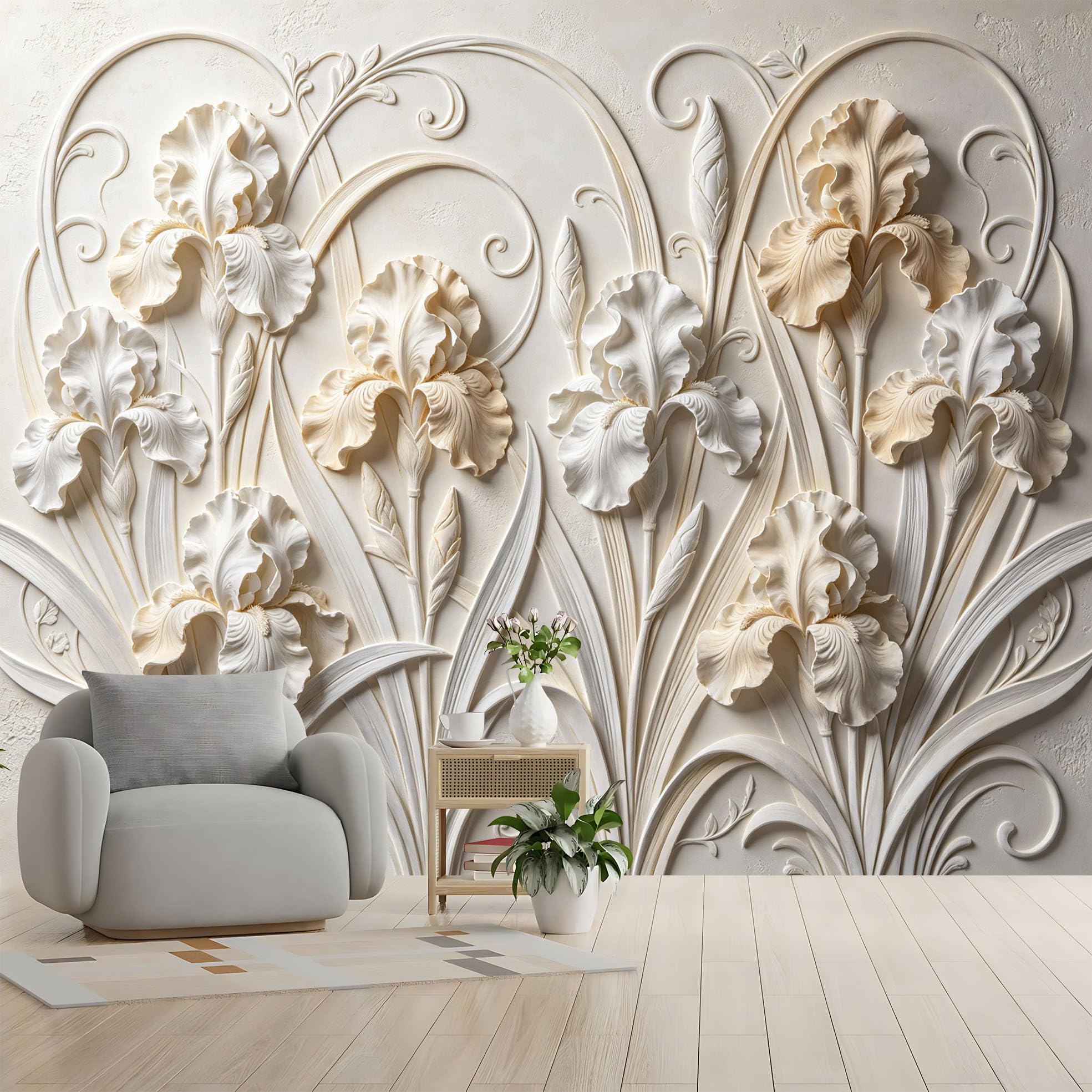 Elegancka fototapeta z kwiatem irysa 3D rzeźba kwiat kwiat włóknina tapeta luksusowa neoklasycystyczny ogród botaniczny fototapeta 350 x 256 cm kremowa biała okładzina ścienna do salonu sypialni