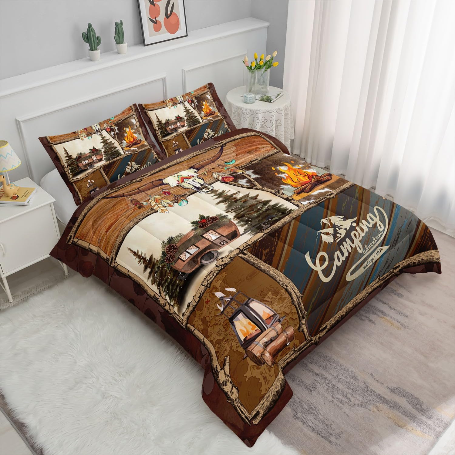 Camping Cabin Comforter Set for Kids Teens,Outdoor Adventure Campfire Comforter Set with 1 Comforter and 2 Pillowcases for Teens and Boys Bedroom All Season(Camping Cabin Queen)