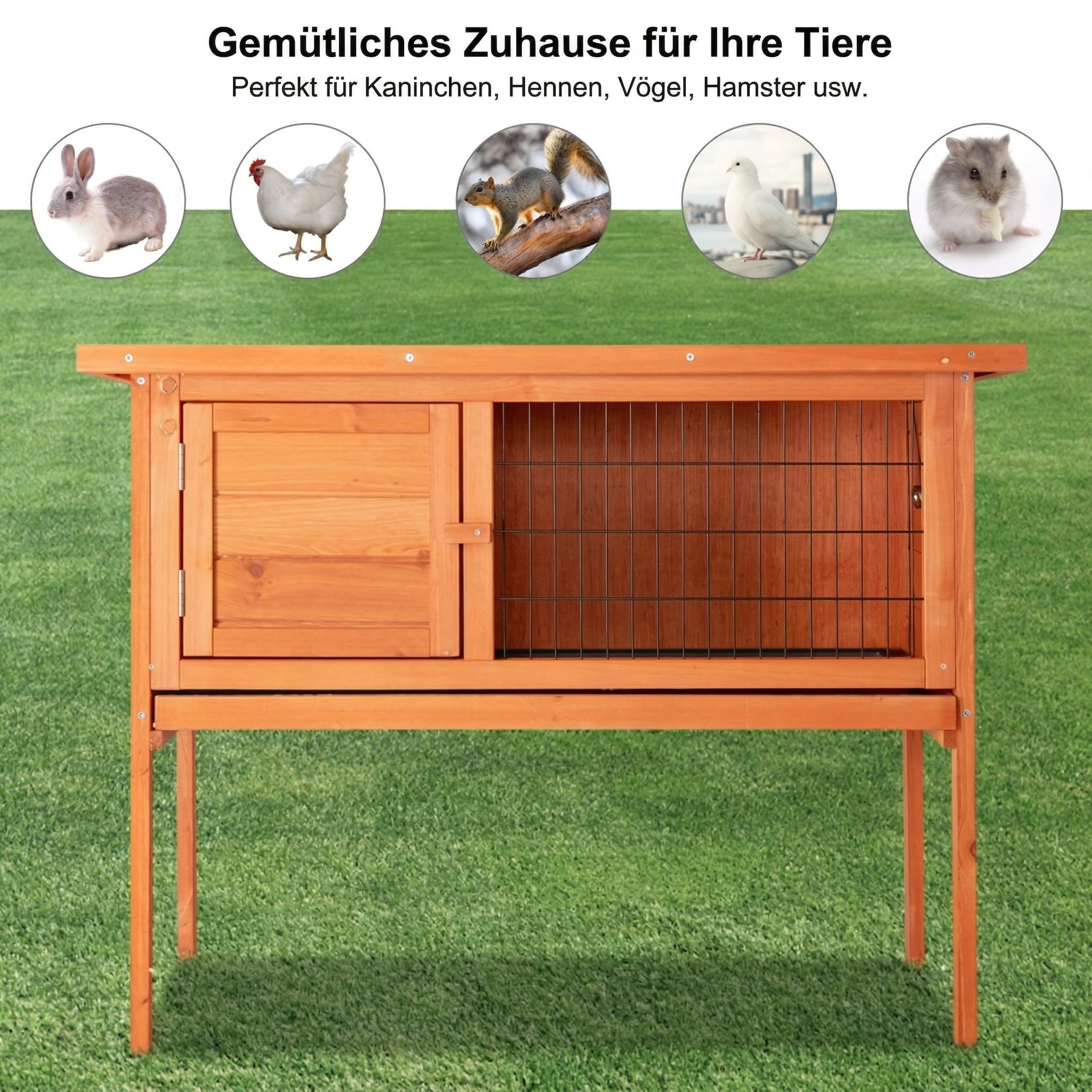 LEADZM Kaninchenstall aus Holz 86 x 45 x 70 cm, Erhöhter Kaninchenstall, hasenstall draußen Winterfest, Grünes Asphalt-Dach, wasserdicht, herausziehbare Ablage für einfache Reinigung