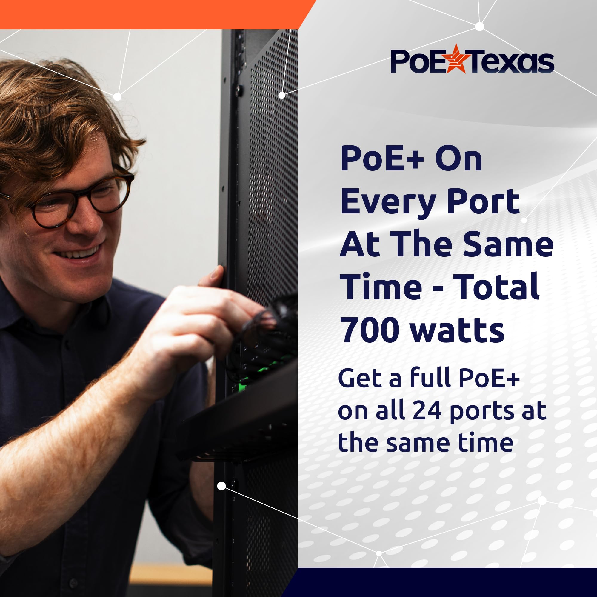 PoE Texas Injecteur PoE+ IEEE 802.3at à 24 ports - Obtenez un PoE+ complet sur chaque port - Puissance totale de 700 W - Taux de données 10/100/1000 Gigabit - Injecteur PoE+ actif pour points d'accès