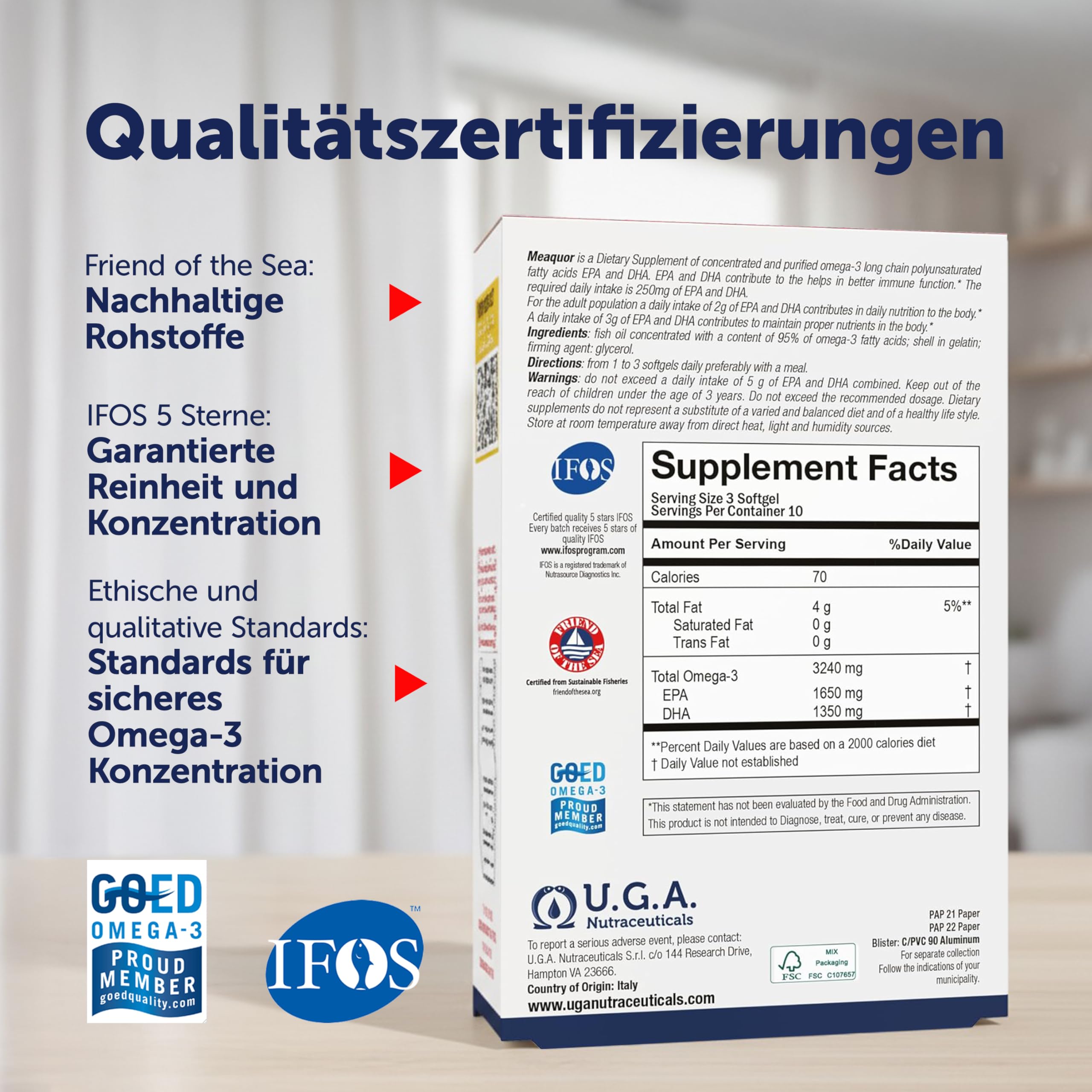 Meaquor 1000 – Fischöl Kapseln mit 95 % Omega 3 Fettsäuren – Nahrungsergänzungsmittel mit EPA & DHA – IFOS-zertifiziert, frei von Schwermetallen & Schadstoffen – 60 Kapseln