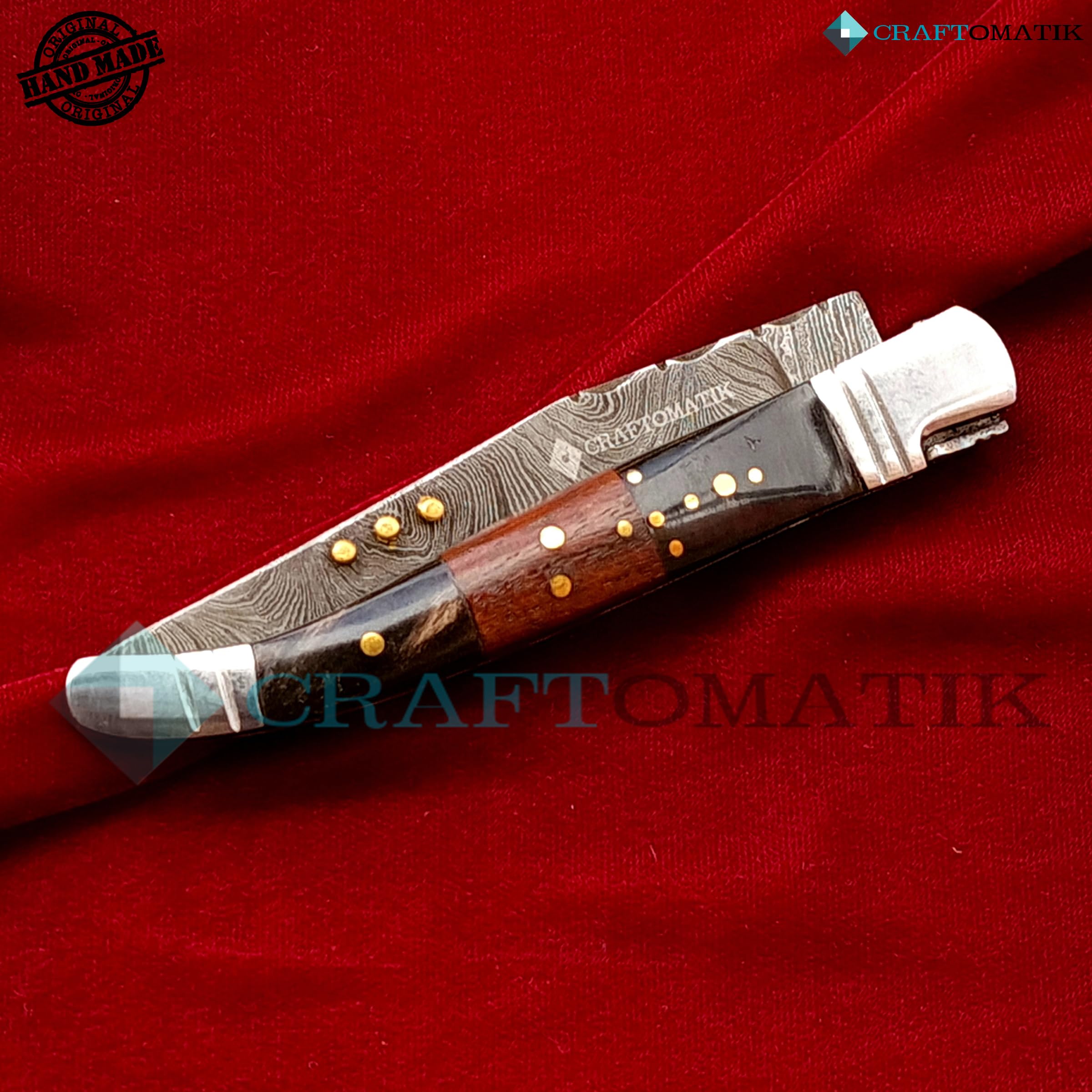 Damast Stahl Taschenmesser | Klappmesser Laguiole | Büffelhorn, Rosenholz, Edelstahl, Messing Stiften Griff | Handgefertigt Outdoor Damastmesser Camping Messer | FK25