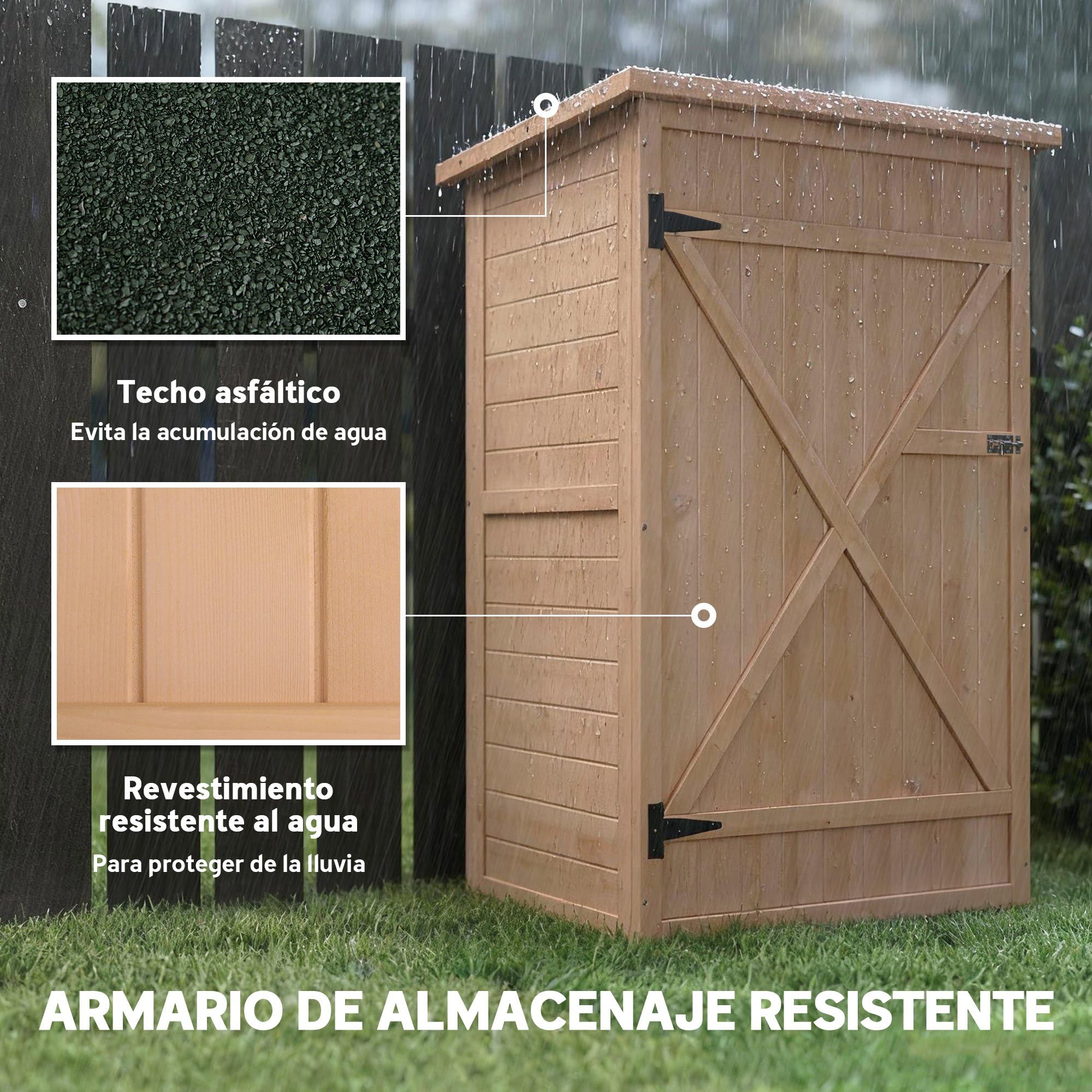 Outsunny Caseta de Jardín de Madera 75x56x115 cm Armario Cobertizo de Exterior para Herramientas con 3 Estantes Interiores Puerta con Pestillo y Techo Asfáltico Natural