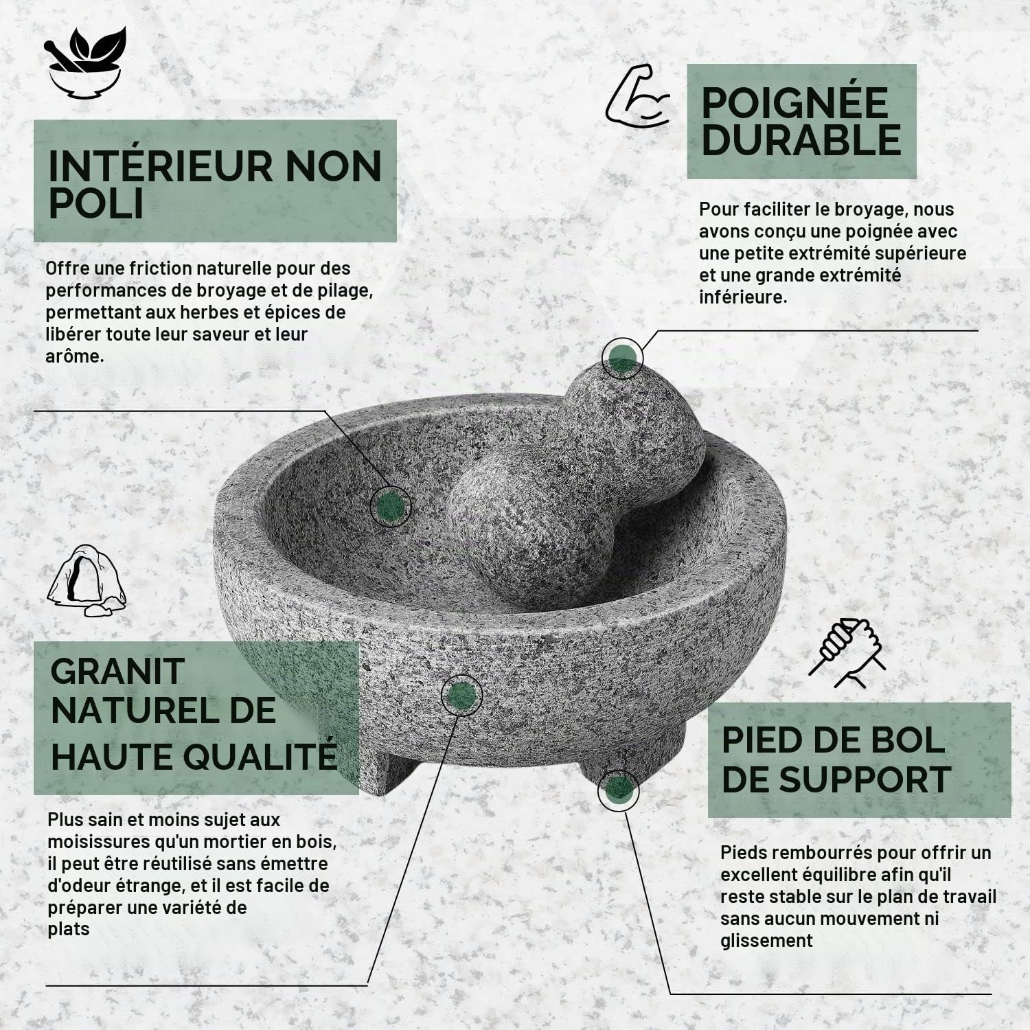 Flexzion Ensemble de mortier et pilon en granit massif - Support de bol en molcajete de 15,2 cm pour guacamole, herbes, épices, ail, cuisine, médecine