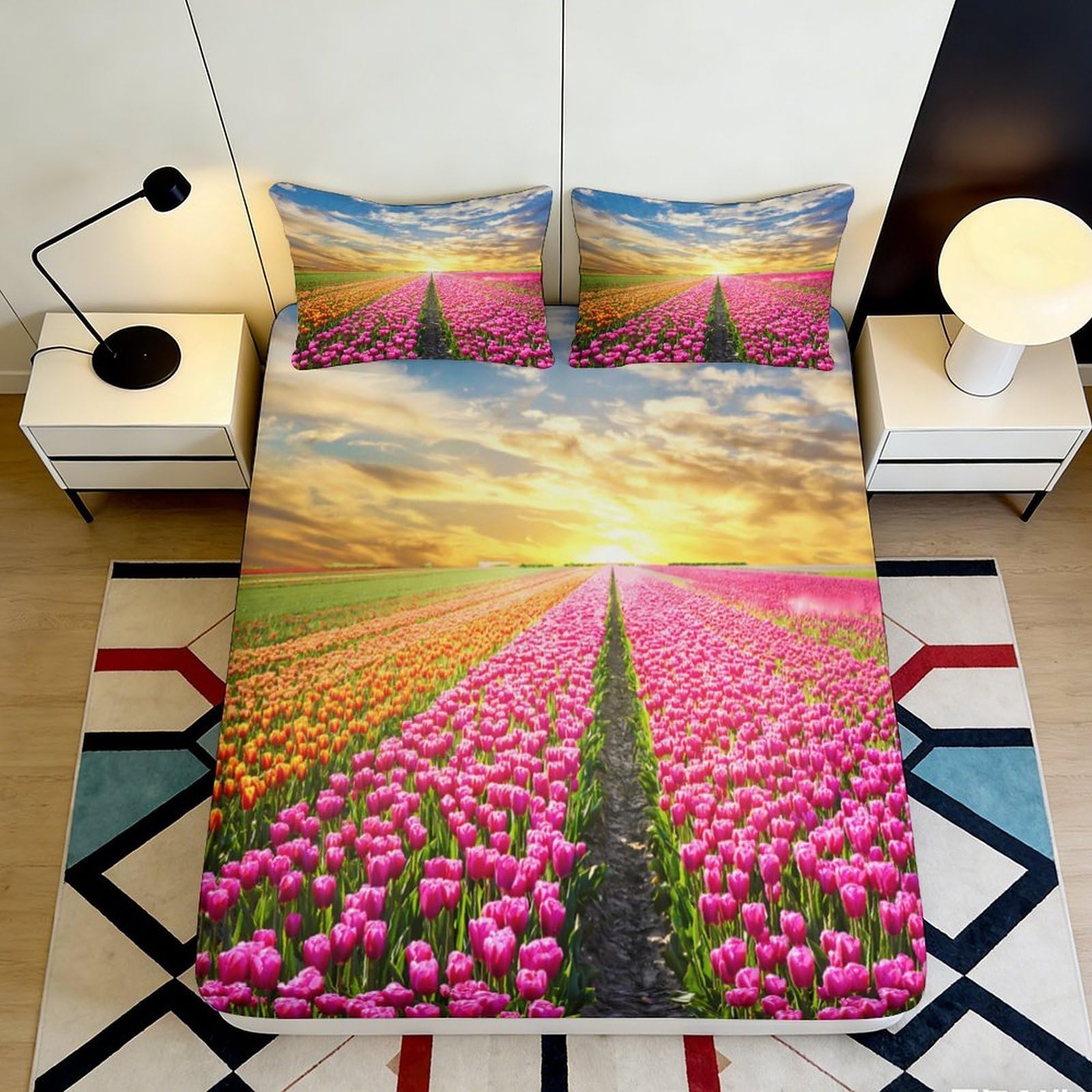 Jqzkxnhpbr Style-5 3D Printed Sunrise Tulip Field Fitted Sheet Microfiber Soft Colorful Sunset Flower Mattress Cover Bedroom Decor 90X200x25cm