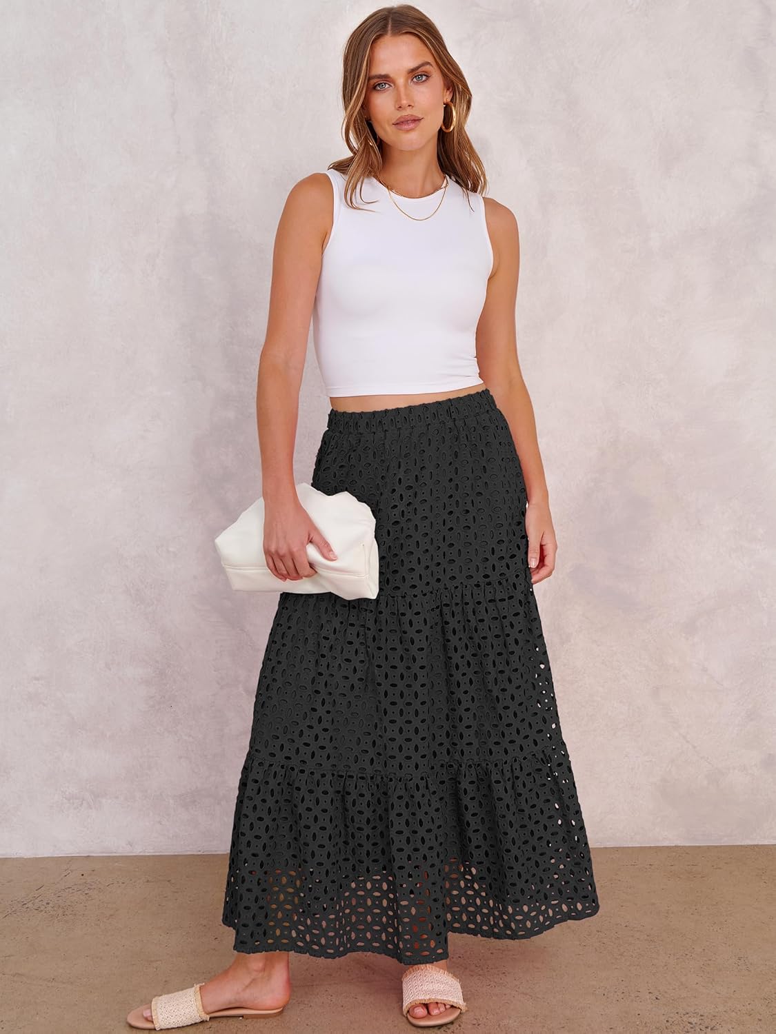 ANRABESS Maxi Skirts for Women Boho Tiered Eyelet Elastic High Waist A-Line Summer Casual Flowy Beach Vacation Long Skirt - Image 5