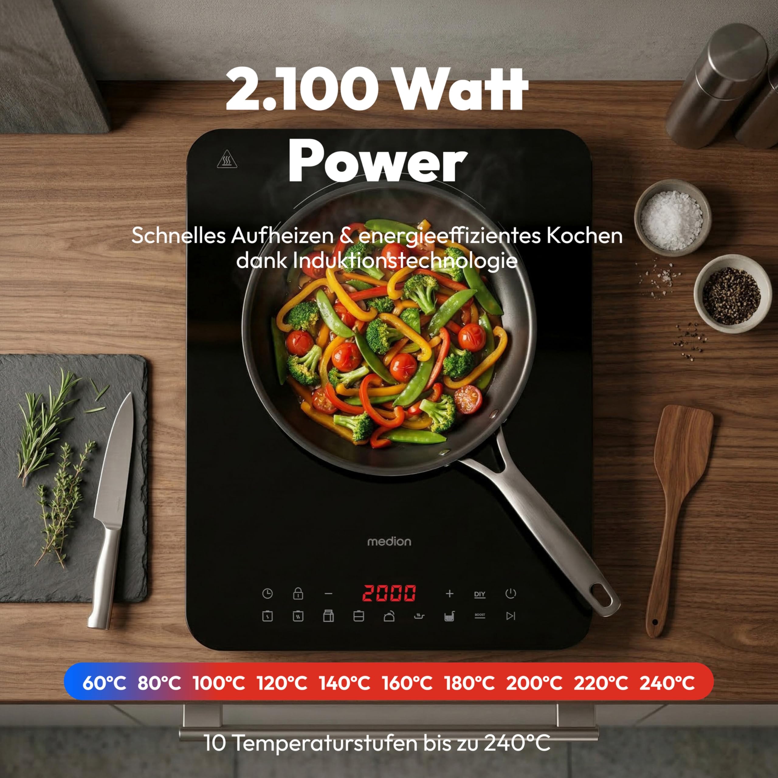MEDION IC10S Induktionskochplatte, 1 Platte Induktionskochfeld, extra flach, 2100 Watt, 1 Kochplatte, 8 Automatikprogramme und DIY, LED Display, Touchbedienung, Kristallglas-Oberfläche