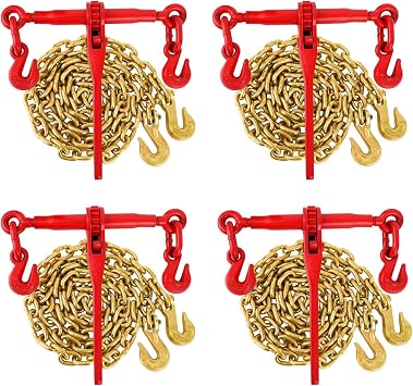 Chains and Binders Kit 1/4-5/16in,G70 Chain Ratchet Load Binders Set of 4, 4 Binders and 420FT Chains for Truck, Tie Down, Hauling, Towing